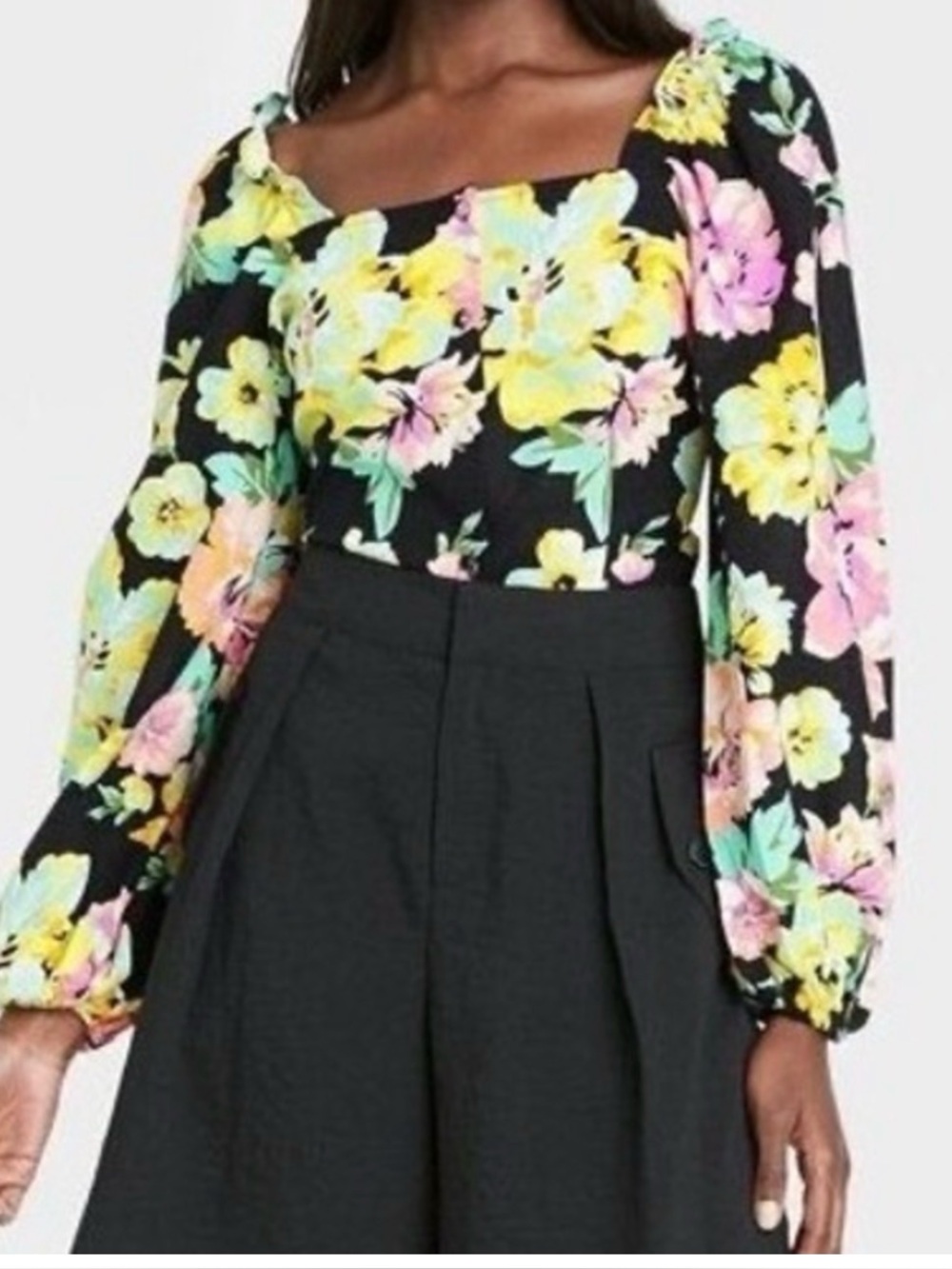 Who What Wear Black Floral Square-Neck Blouse with Pastel Blooms. XL. NWT